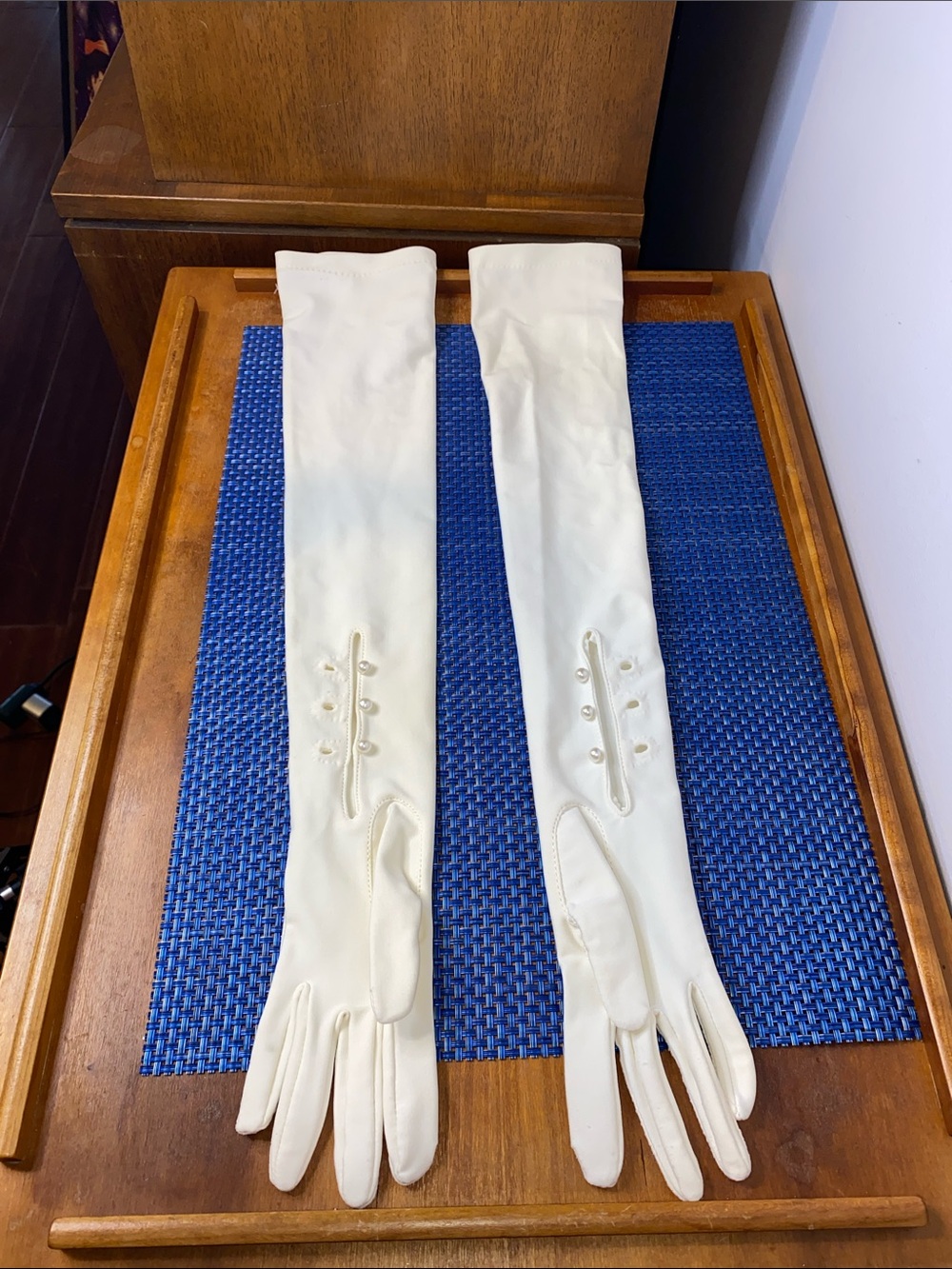 Isotoner Cream Opera Length Long Evening Gloves Pearl Button Detail, Vintage?
